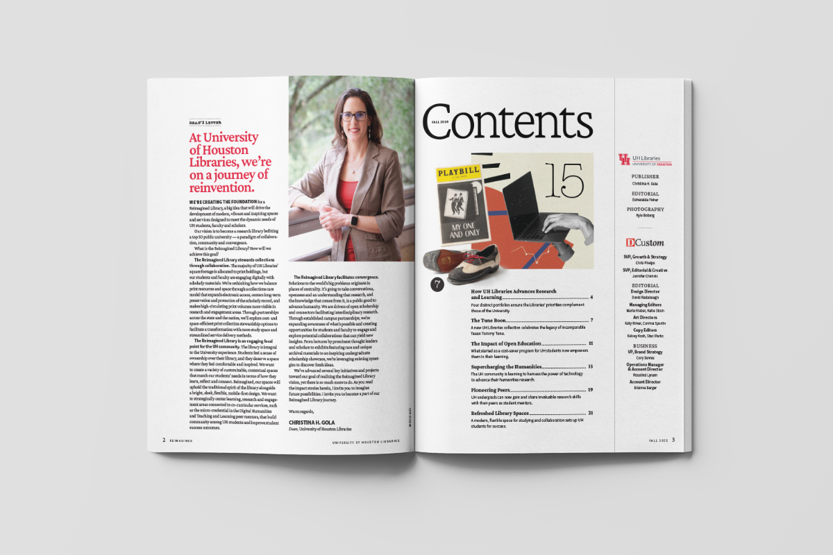 Dean's letter and table of contents in UH Libraries magazine
